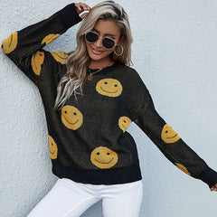 Women's new casual smiling face long sleeve black sweater