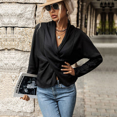 Women's New Fashion Style Black Long Sleeve V-Neck T-Shirt