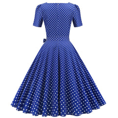 A-Z Women's New Square Neck Short Sleeve Polka Dot Print Waist Wrap Dress