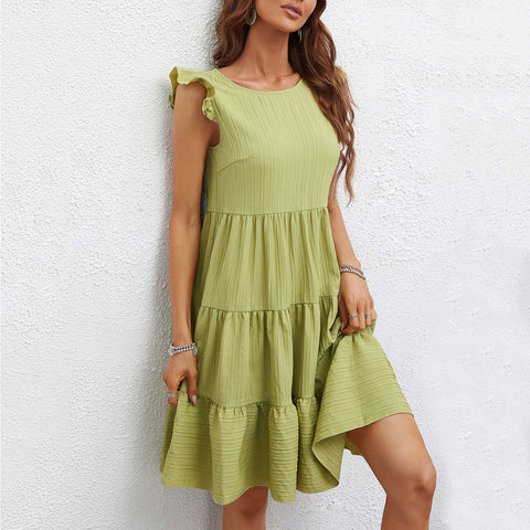 Women's New Solid Round Neck Lace Sleeveless Dress