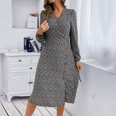 Women's New V-neck Printed Long Sleeve Split Dress