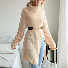 Women's New Solid Split Long Sleeve High Neck Woolen Dress