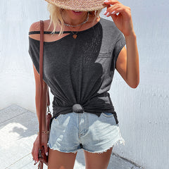 Women's New Summer Solid Cut Out Loose T-shirt