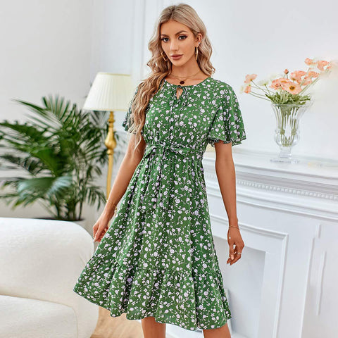 Women's New Style Temperament Printed Bow Neck Round Waist Women's Dress