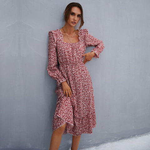 Women's new long sleeve floral square neck dress