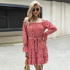 Women's New Fragmented Flowers Long Sleeve Off Shoulder Off Shoulder Dress