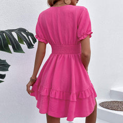 Women's New Pink Hollow Lace Up Waist Dress