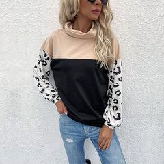 Women's new leopard print color blocking long sleeve high neck sweater