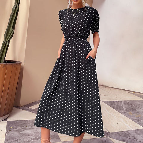 Women's new black polka dot slim fitting dress