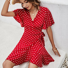 Women's new V-neck red polka dot one piece dress