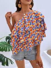 A-Z women's new floral diagonal shoulder ruffled playful top