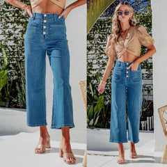 A-Z Women's New Style Buckled High Waist Wide Leg Women's Jeans Cropped Pants