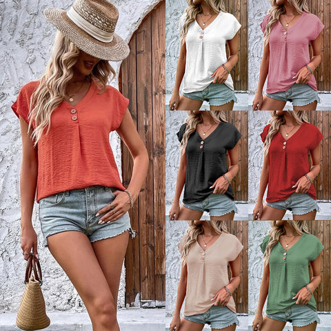 Women's New Solid V-Neck Button Top Casual Loose Large Bat Sleeve T-shirt