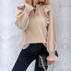 New Women's Ruffled Long Sleeve Solid Color Shirt