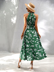 Women's New Green Print Hanging Neck Sleeveless Long Dress