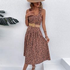 Women's New Square Neck Sleeveless Waist Wave Dotted Dress