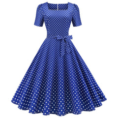 A-Z Women's New Square Neck Short Sleeve Polka Dot Print Waist Wrap Dress