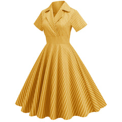A-Z Women's New High Waist Striped Short Sleeve Waist Large Swing Mid length Vintage Dress