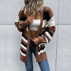 Women's new casual fashion coat color matching long-sleeved sweater cardigan