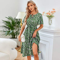 Women's New Style Temperament Printed Bow Neck Round Waist Women's Dress