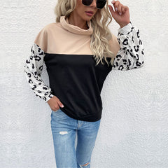 Women's new leopard print color blocking long sleeve high neck sweater