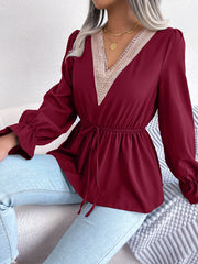 Women's new casual V-neck lace up waist ruffled chiffon shirt