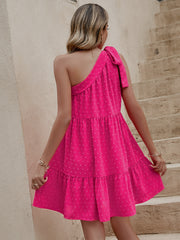 Women's new pink diagonal shoulder tie up A-line dress