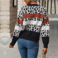 Women's New Jacquard Casual Leopard Pattern Long Sleeve Sweater