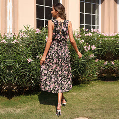 Women's New Vintage Flower Print Black Long Dress