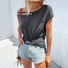 Women's New Summer Solid Cut Out Loose T-shirt