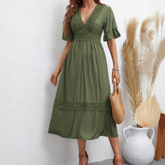 Women's new lace V-neck waist flared sleeve long dress