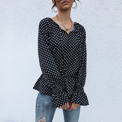 Women's New Fashion Women's Lacing Black Polka Dot Long Sleeve Shirt