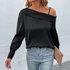 Women's New Irregular Black Off Shoulder Long Sleeve Shirt