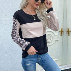 Women's new leopard pattern patchwork long sleeve T-shirt