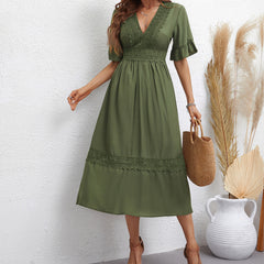 Women's new lace V-neck waist flared sleeve long dress