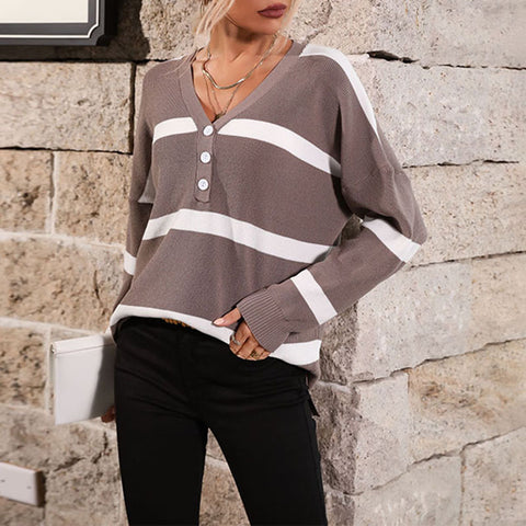 Women's new V-neck long-sleeved striped sweater