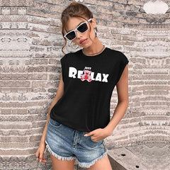 Women's new black printed short sleeve T-shirt