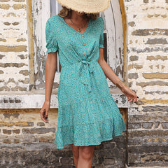 Women's New Green Slim Fit Slim V-neck Dress