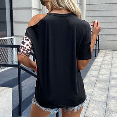 Women's new leopard cut out short sleeve patchwork T-shirt