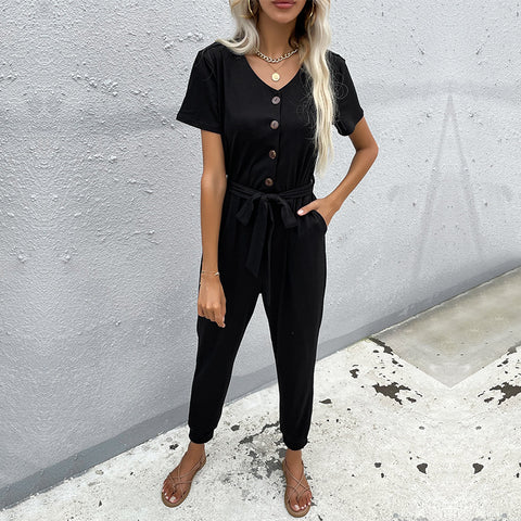 Women's new belt black leggings cropped jumpsuit