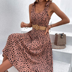 Women's New Square Neck Sleeveless Waist Wave Dotted Dress