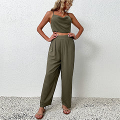 Fashion Women's Tank Top Pants Solid Color Set