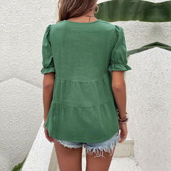 Women's new pleated shirt green short sleeve