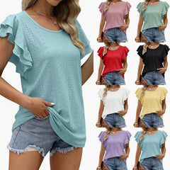 Women's New Round Neck Double Ruffle Short Sleeve Fashion Versatile Casual T-shirt