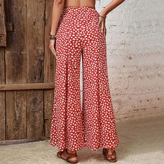 Red pants High waist floral flared wide leg pants Female