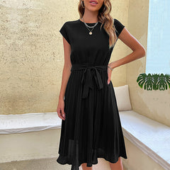 Women's new lace up solid pleated dress