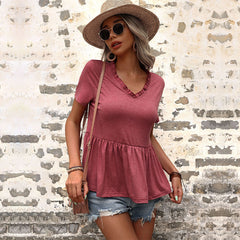 Women's New V-neck Casual Solid Loose T-shirt