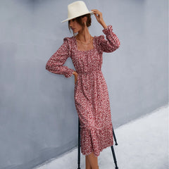 Women's new long sleeve floral square neck dress