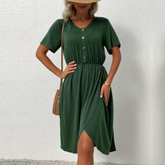 Women's waistband V-neck solid color split dress