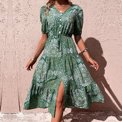 Fashion Women's Green Medium Length Printed Dress